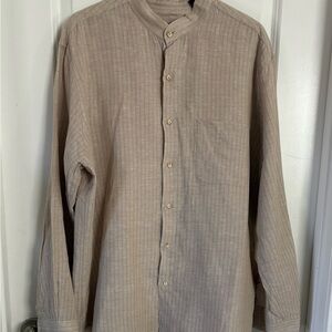 Tasso Elba Island Men's XL Beige Linen Cotton Striped Band Collar Shirt Easter